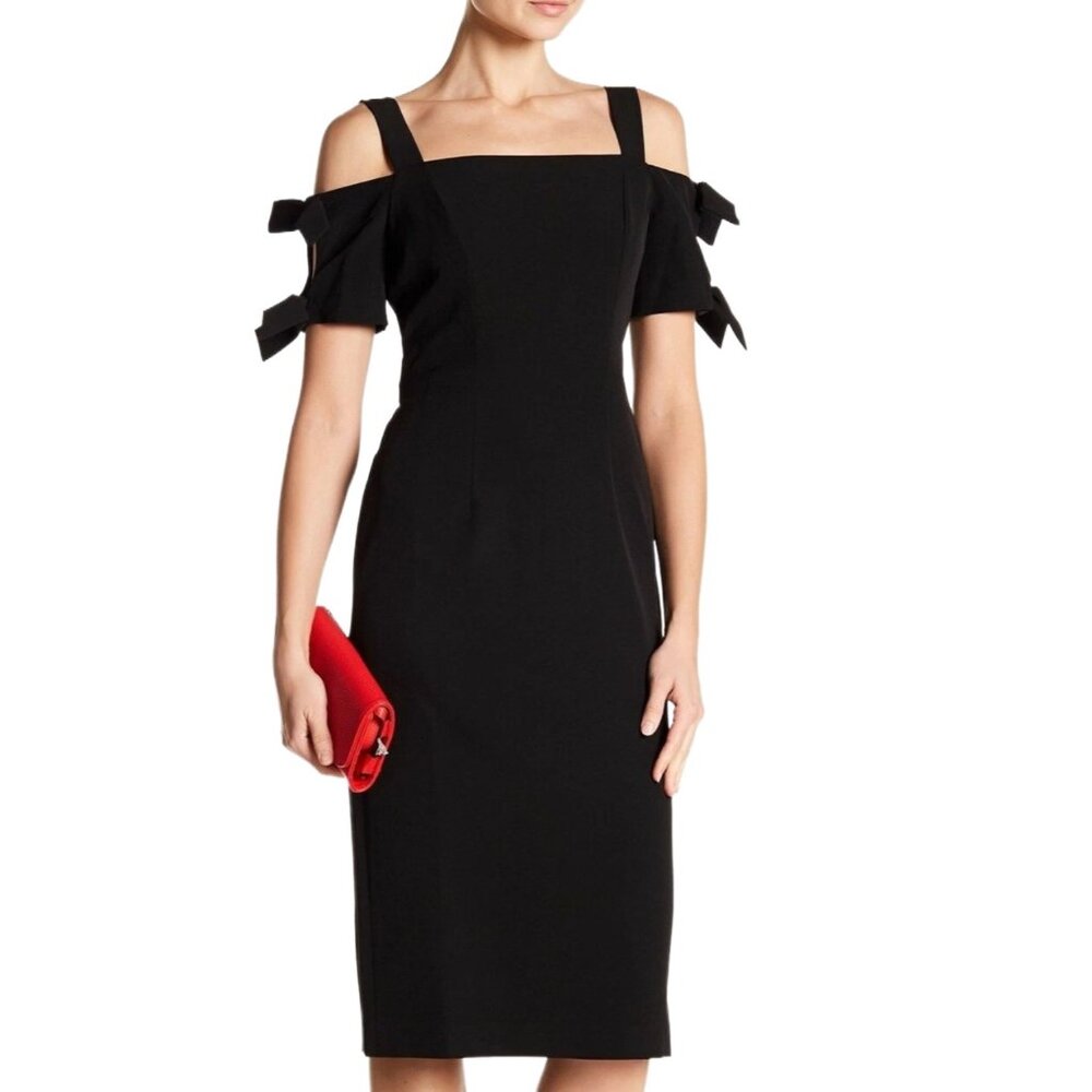 Maggy London Women’s Black Cold Shoulder Midi Sheath Cocktail Evening Dress Sz 2